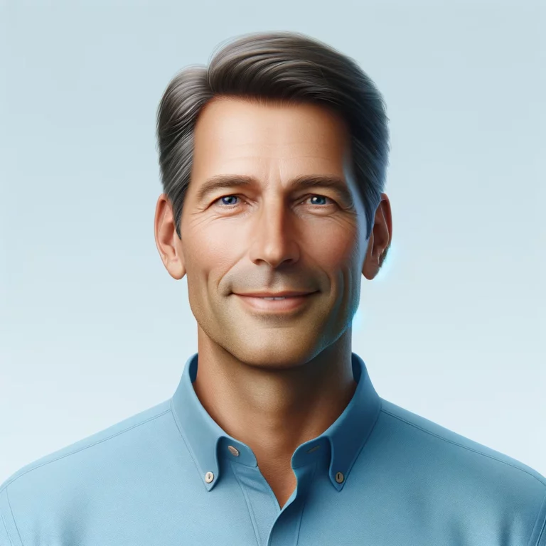 AI-generated image of a smiling man named Jeff Sanderson, with neatly combed grey hair, wearing a blue collared shirt against a soft blue background.