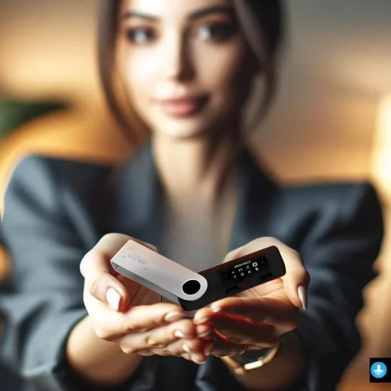 A woman holding a Ledger Nano S cryptocurrency wallet, with a focus on the wallet and her partially visible face in the background