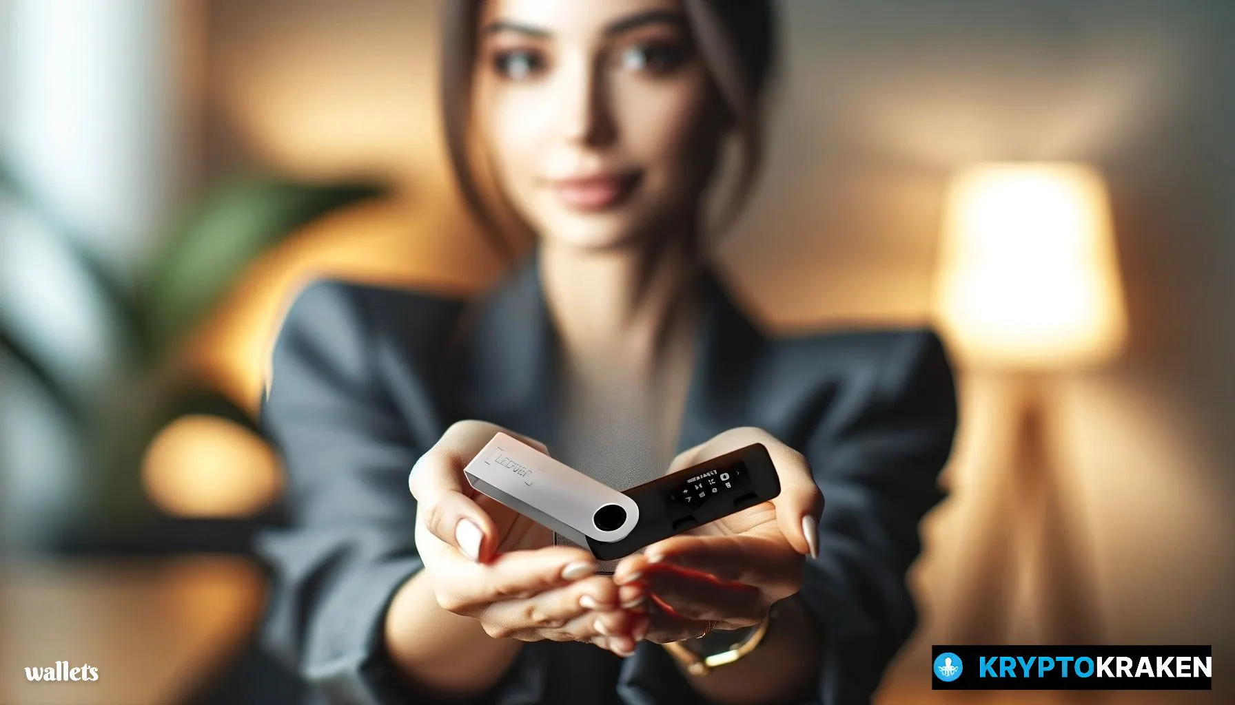 A woman holding a Ledger Nano S cryptocurrency wallet, with a focus on the wallet and her partially visible face in the background