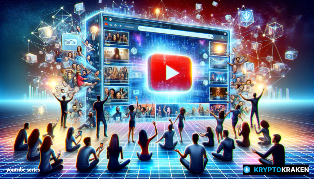 An artistic interpretation of a social media platform interface in the form of a galaxy, with diverse people interacting and a central play button symbolizing video content at the heart of digital connections