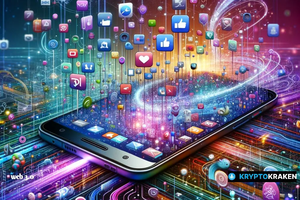 An image showcasing a smartphone with various Web 2.0 application icons emanating from it, illustrating the interconnected and dynamic nature of the internet.