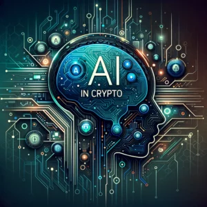 Abstract podcast cover for 'AI in Crypto - Exploring the Powerful Synergy of AI Trading', featuring digital elements, circuitry patterns, crypto coins, AI graphics, and sleek typography.