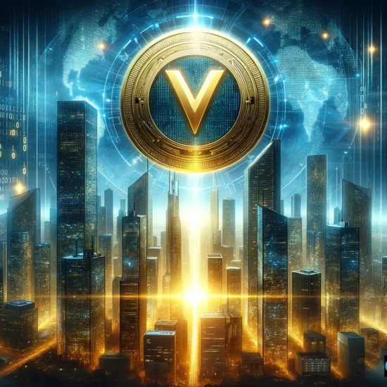 A digital art piece showcasing the rise of VXV Crypto, featuring a futuristic city skyline with skyscrapers composed of digital data, and a prominent golden coin with the VXV logo ascending above the city