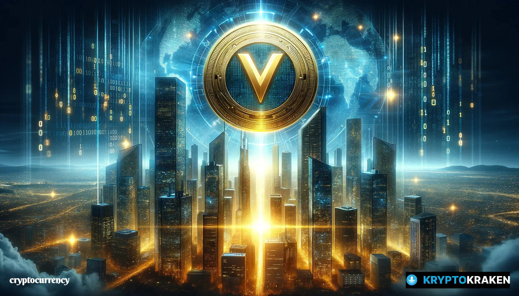 A digital art piece showcasing the rise of VXV Crypto, featuring a futuristic city skyline with skyscrapers composed of digital data, and a prominent golden coin with the VXV logo ascending above the city