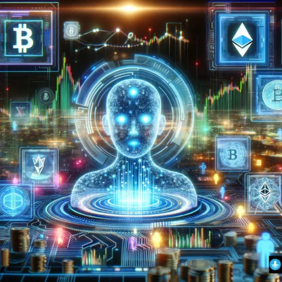 A digital artwork showcasing the integration of AI in cryptocurrency, with a holographic ChatGPT as the central figure amidst glowing data streams and cryptocurrency symbols like Bitcoin and Ethereum