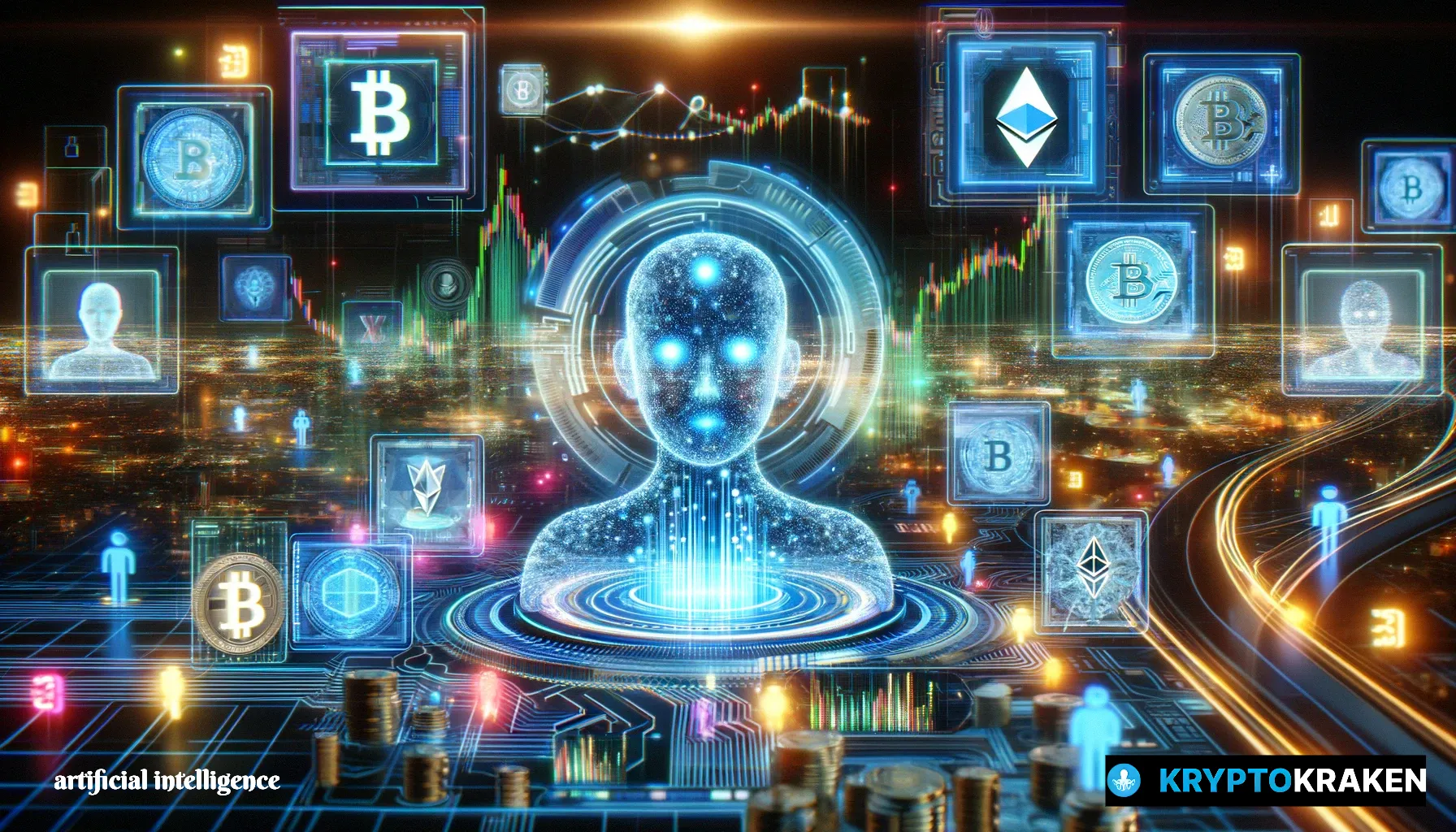 A digital artwork showcasing the integration of AI in cryptocurrency, with a holographic ChatGPT as the central figure amidst glowing data streams and cryptocurrency symbols like Bitcoin and Ethereum