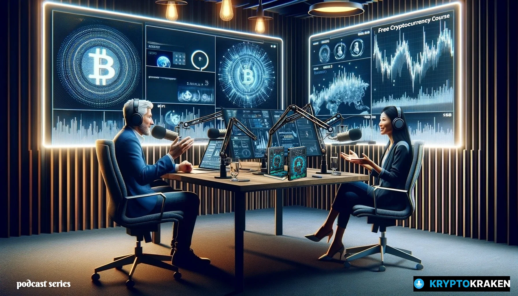 Dennis and Carol in a podcast studio discussing cryptocurrency, with digital screens showing market graphs