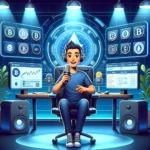 A podcaster in a modern studio with cryptocurrency charts and logos, speaking into a mic, blue lighting.