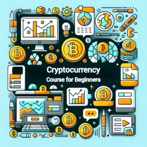 Podcast cover for 'Free Cryptocurrency Course for Beginners' featuring simple cryptocurrency icons and symbols in an easy-to-understand layout.