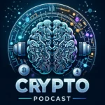 A central digital brain symbolizing cryptocurrency, encircled by digital coins and cryptographic symbols, with correctly spelled "Crypto Podcast" in modern typography.