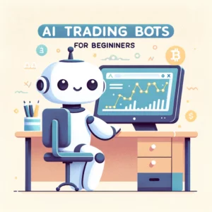 Cartoonish robot at a computer, representing an AI trading bot, in a beginner-friendly setting with basic trading graphs, part of 'AI Trading Bots for Beginners'.Caption: "Starting Your Journey with AI Trading Bots