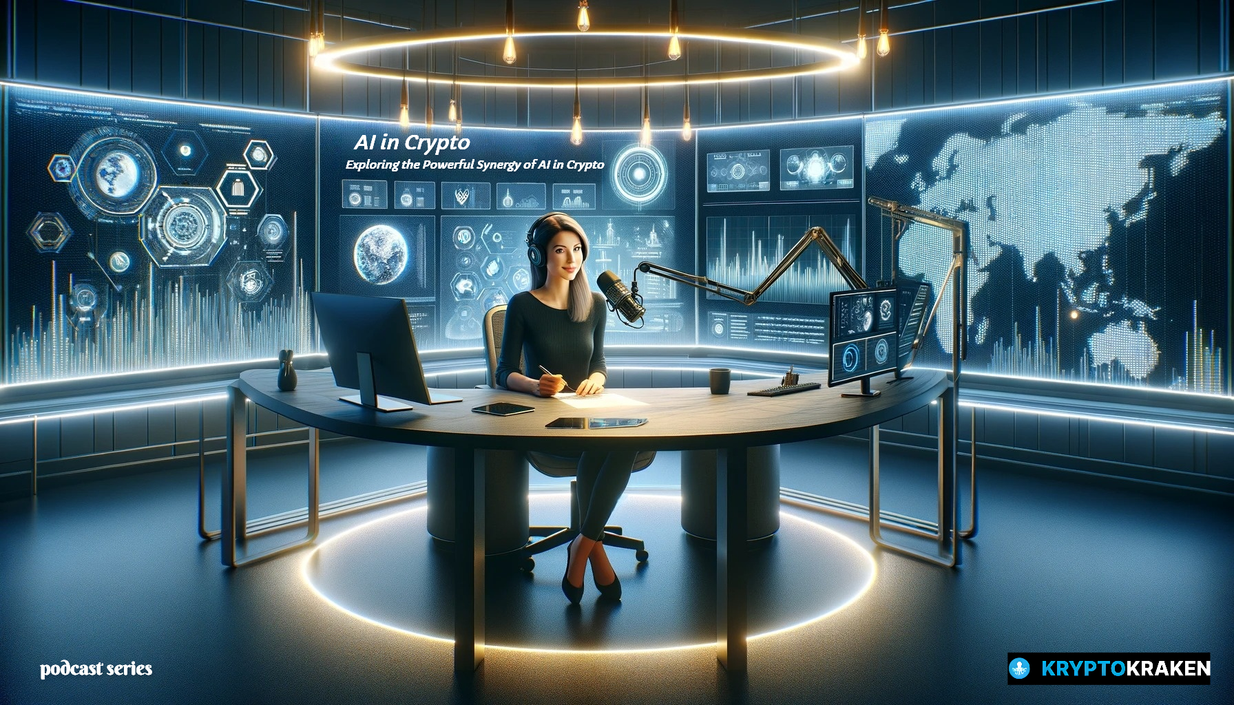 A solo podcast with Carol, in a modern studio discussing 'AI in Crypto - Exploring the Powerful Synergy of AI Trading', surrounded by digital displays of cryptocurrency and AI technology.