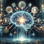 Illustration of a digital AI brain network connected with cryptocurrency symbols in a futuristic digital landscape