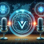 Podcast cover for 'The Rise of VXV Crypto' with digital currency symbols and blockchain patterns on a futuristic background