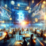 : A bustling virtual trading floor during the 2024-2025 crypto bull market with traders and dynamic Bitcoin price displays