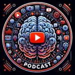 A central digital brain symbolizing digital media creativity, surrounded by play buttons, video icons, and streaming symbols, with "YouTube Series Podcast" in modern typography.