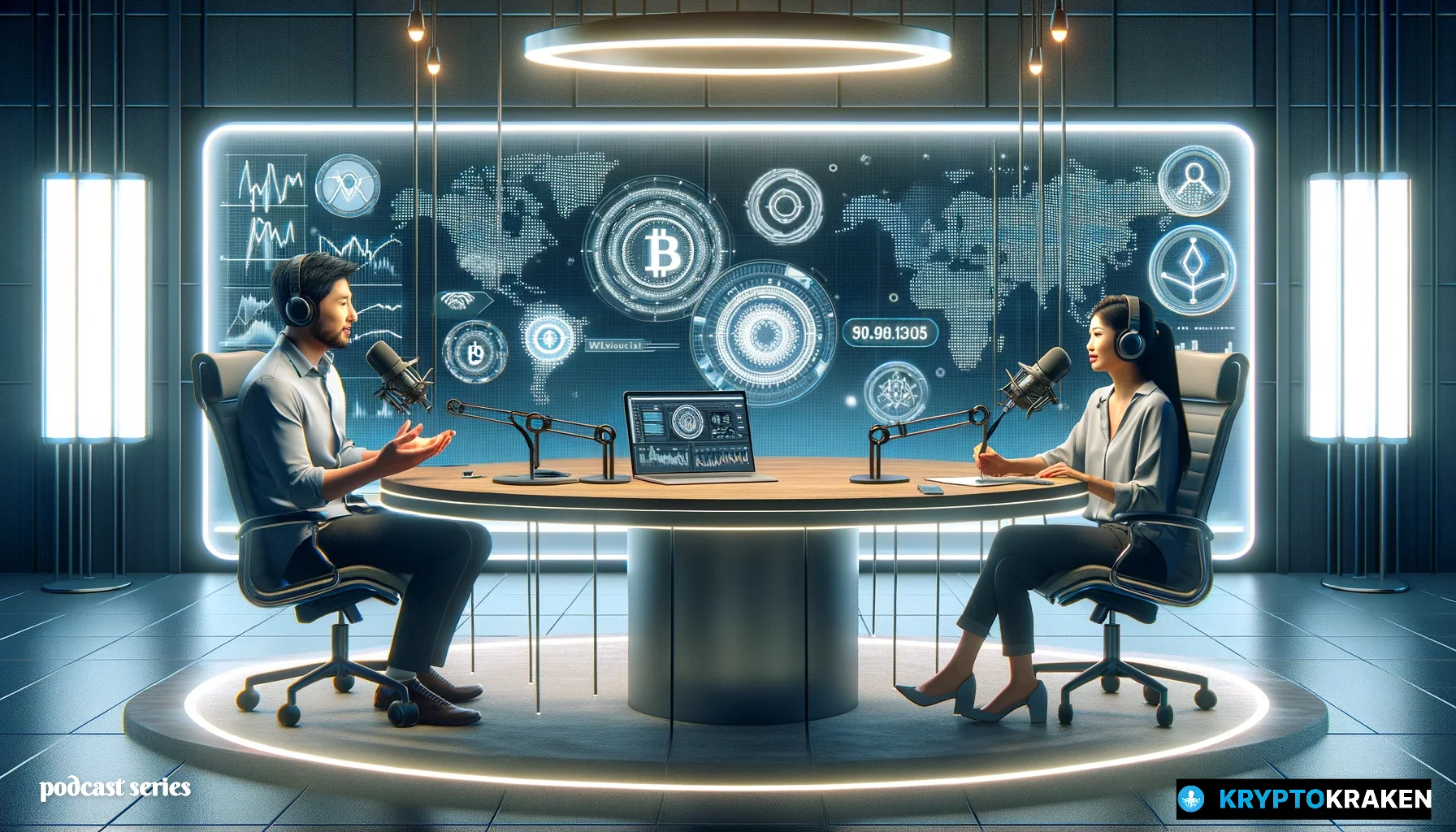 A modern podcast studio with two hosts, Dennis and Carol, a Caucasian man and an Asian woman, discussing 'AI in Crypto - Exploring the Powerful Synergy of AI Trading'. Digital screens in the background show cryptocurrency and AI-related graphics.