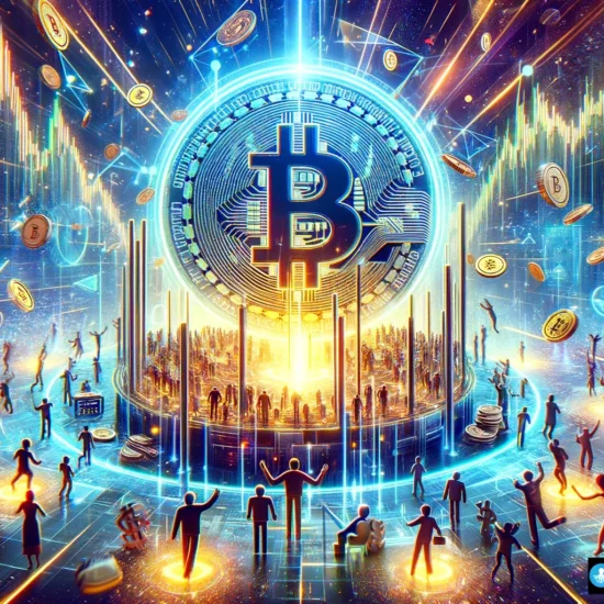 A digital landscape showcasing the anticipation of the Bitcoin halving and the 2024-2025 crypto bull market.