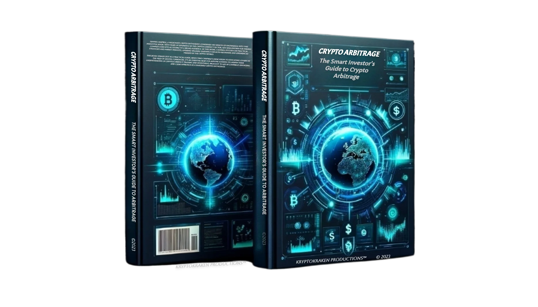 Cover of 'Crypto Arbitrage Course' book showing detailed graphics of cryptocurrency symbols and digital networks