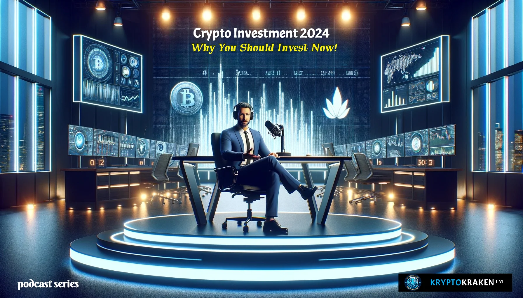 A podcaster in a futuristic crypto investment studio with multiple screens and ambient lighting.