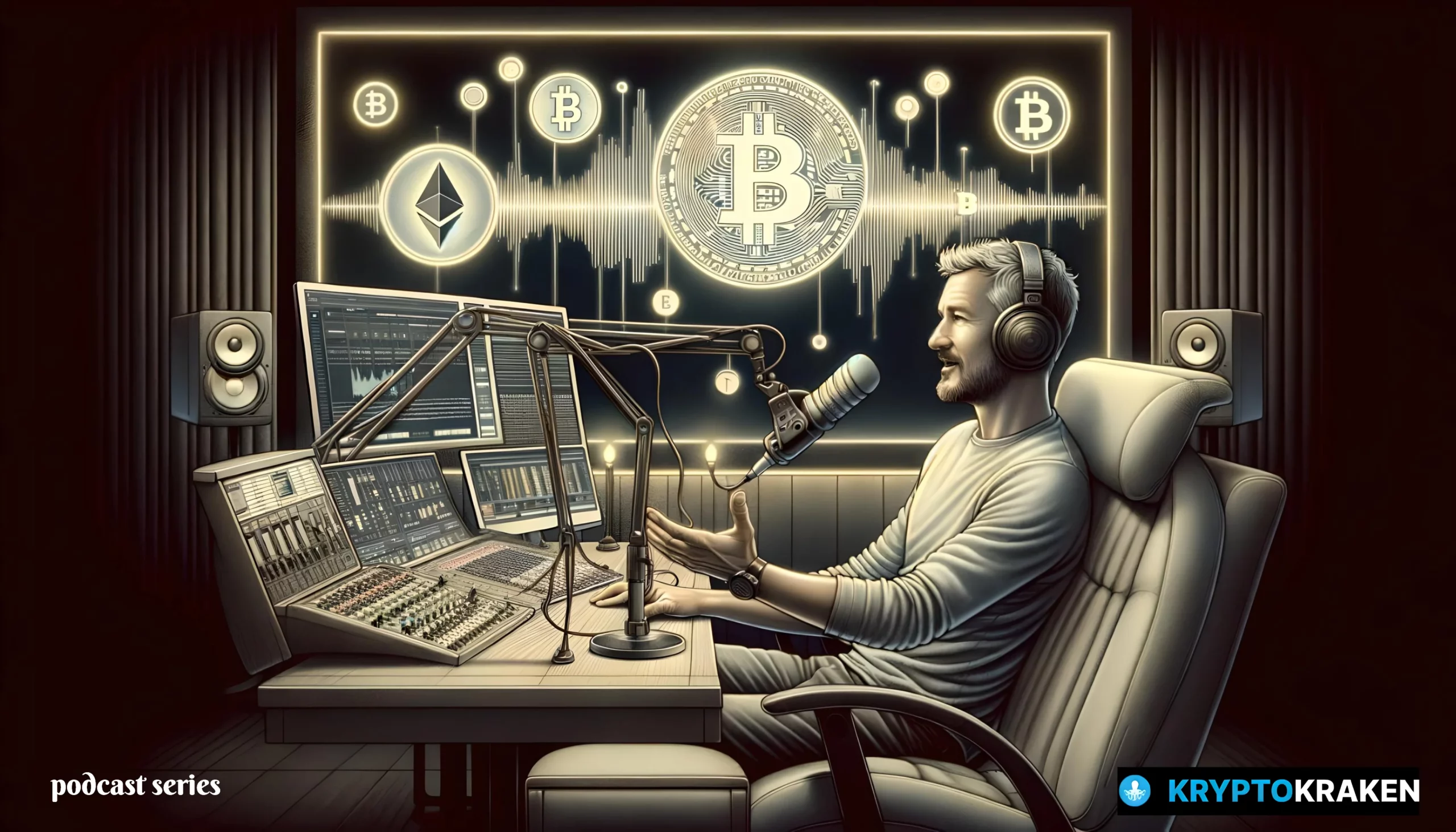 eff in a podcast studio, with cryptocurrency symbols on a screen behind him, symbolizing the 'Crypto Surge 2024-2025' podcast theme