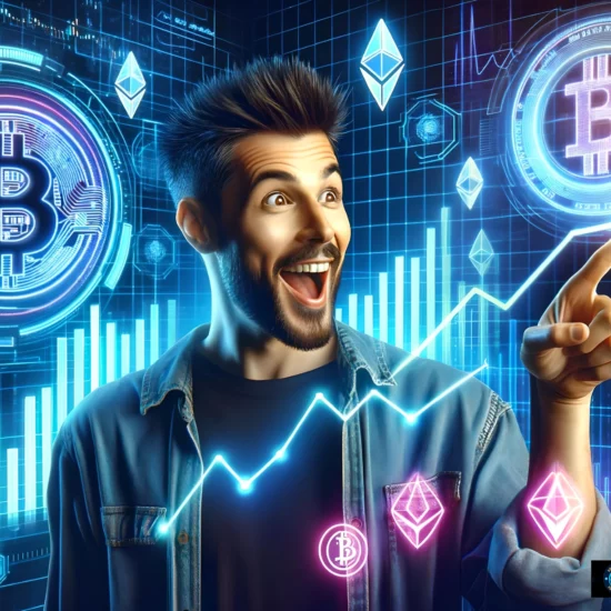 "Excited man in a denim jacket pointing at a holographic display of Bitcoin symbol and rising cryptocurrency graphs in a cybernetic background with neon blues, purples, and pinks