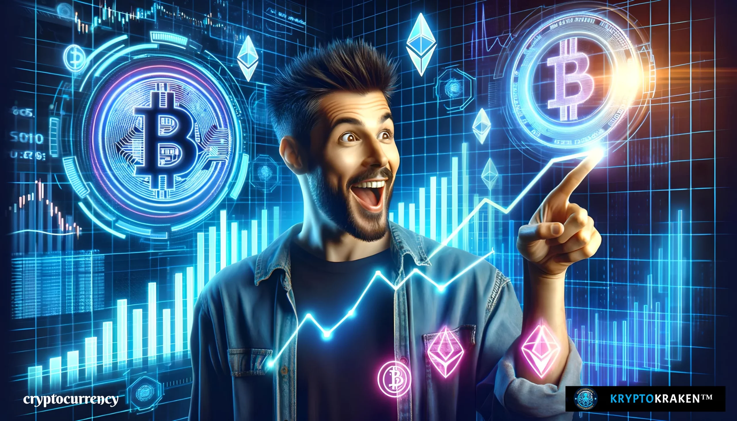 "Excited man in a denim jacket pointing at a holographic display of Bitcoin symbol and rising cryptocurrency graphs in a cybernetic background with neon blues, purples, and pinks