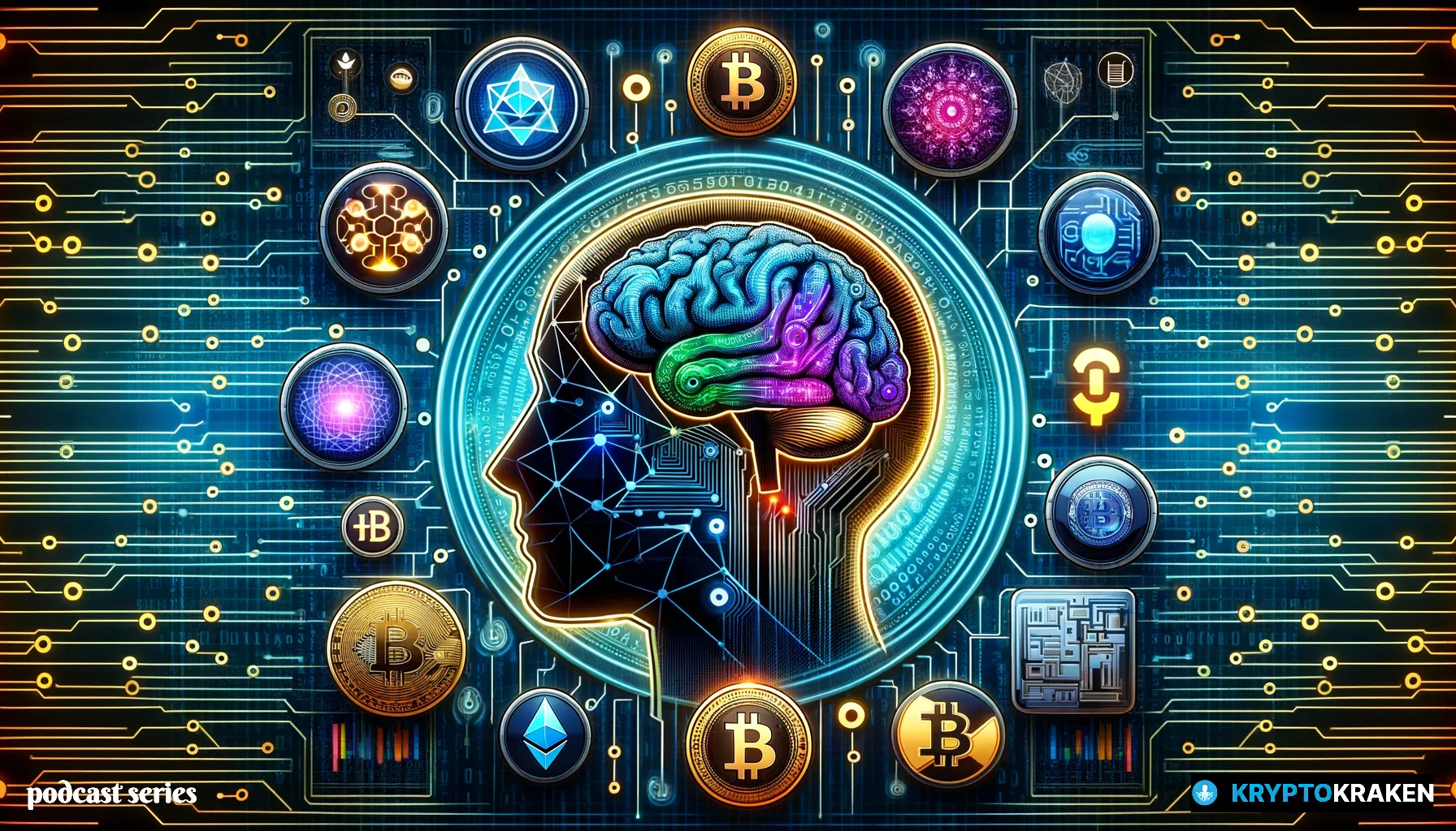 Podcast cover showing AI and cryptocurrency themes with neural networks, Bitcoin, and Ethereum symbols on a digital matrix background