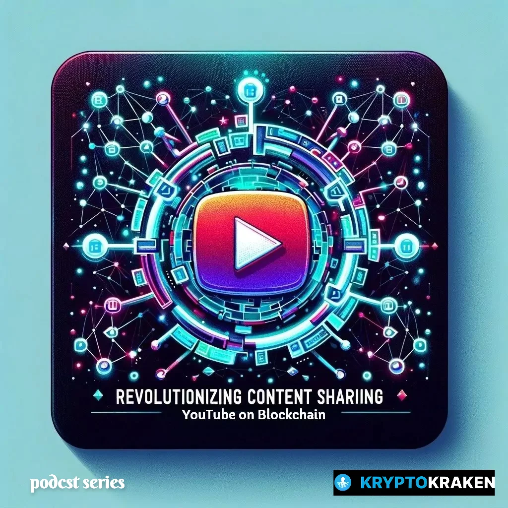 A square podcast cover featuring a YouTube play button merged with digital blockchain links, set against a background of digital networks and nodes