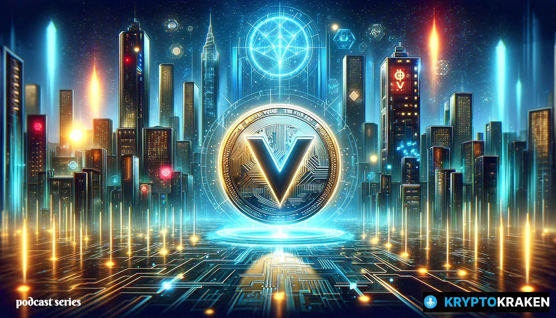 Futuristic cityscape with VXV Crypto coin and holographic displays, symbolizing digital currency innovation.