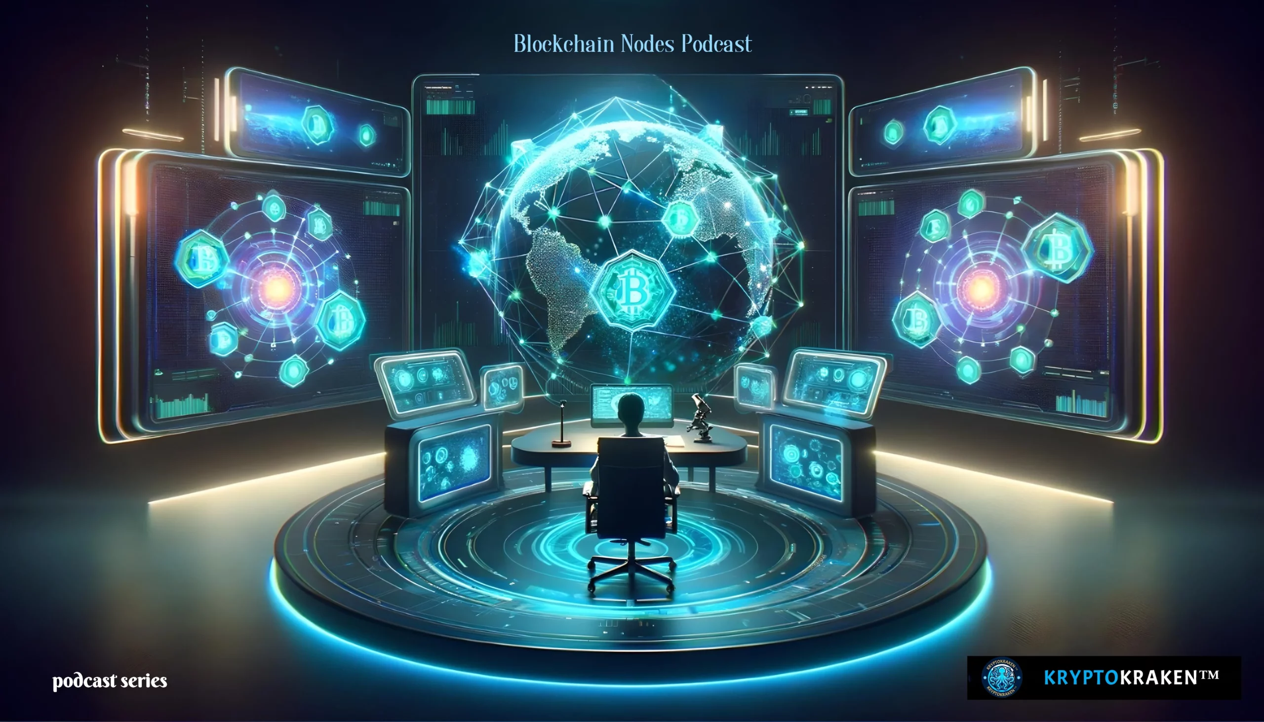 Futuristic podcast studio for "Blockchain Nodes" with neon-lit blockchain graphics and a presenter at a central desk.