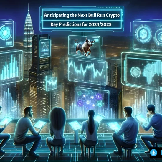 Group of people analyzing futuristic holographic displays with cryptocurrency predictions for the next bull run in a high-tech cityscape at night