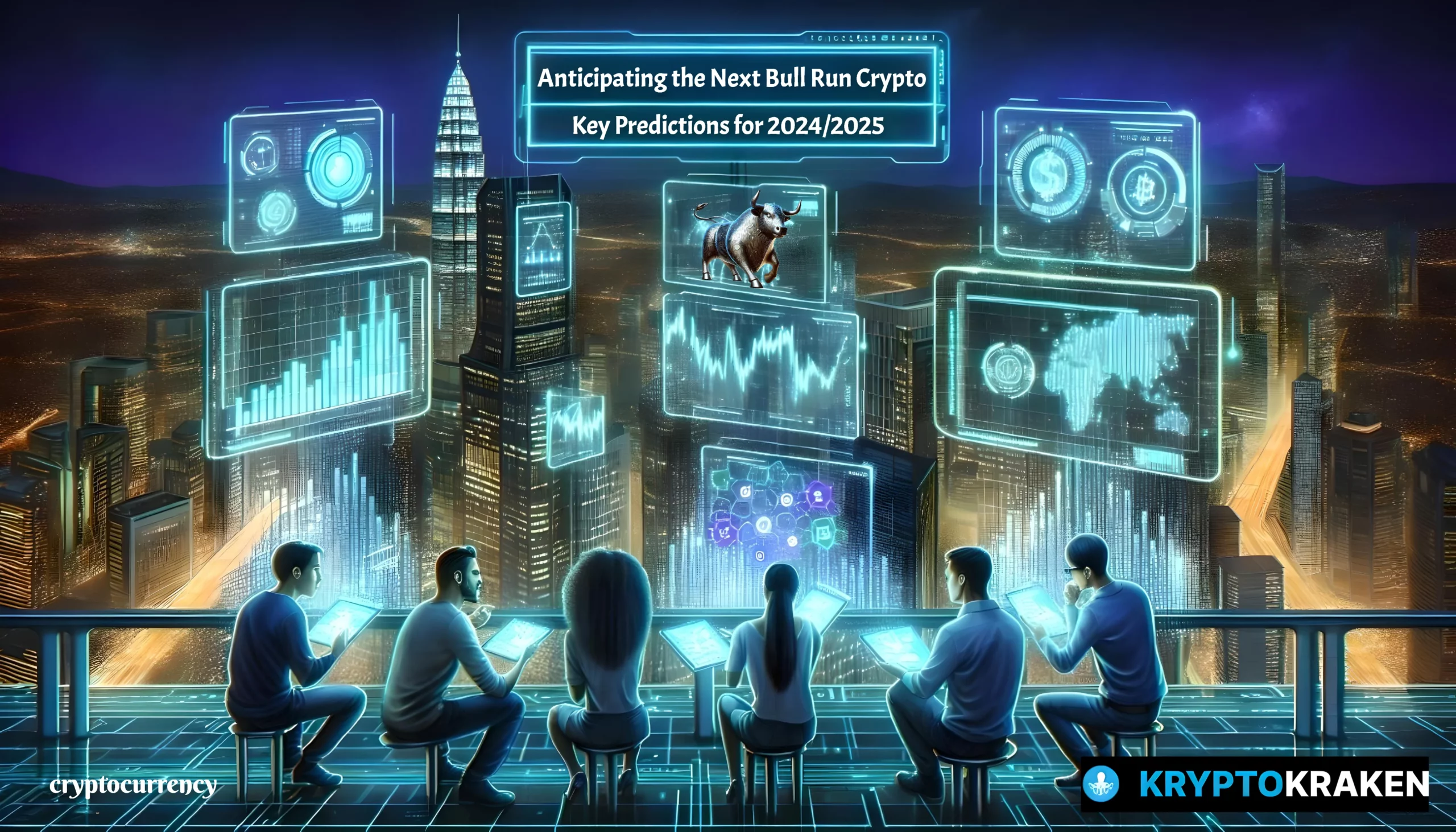 Group of people analyzing futuristic holographic displays with cryptocurrency predictions for the next bull run in a high-tech cityscape at night