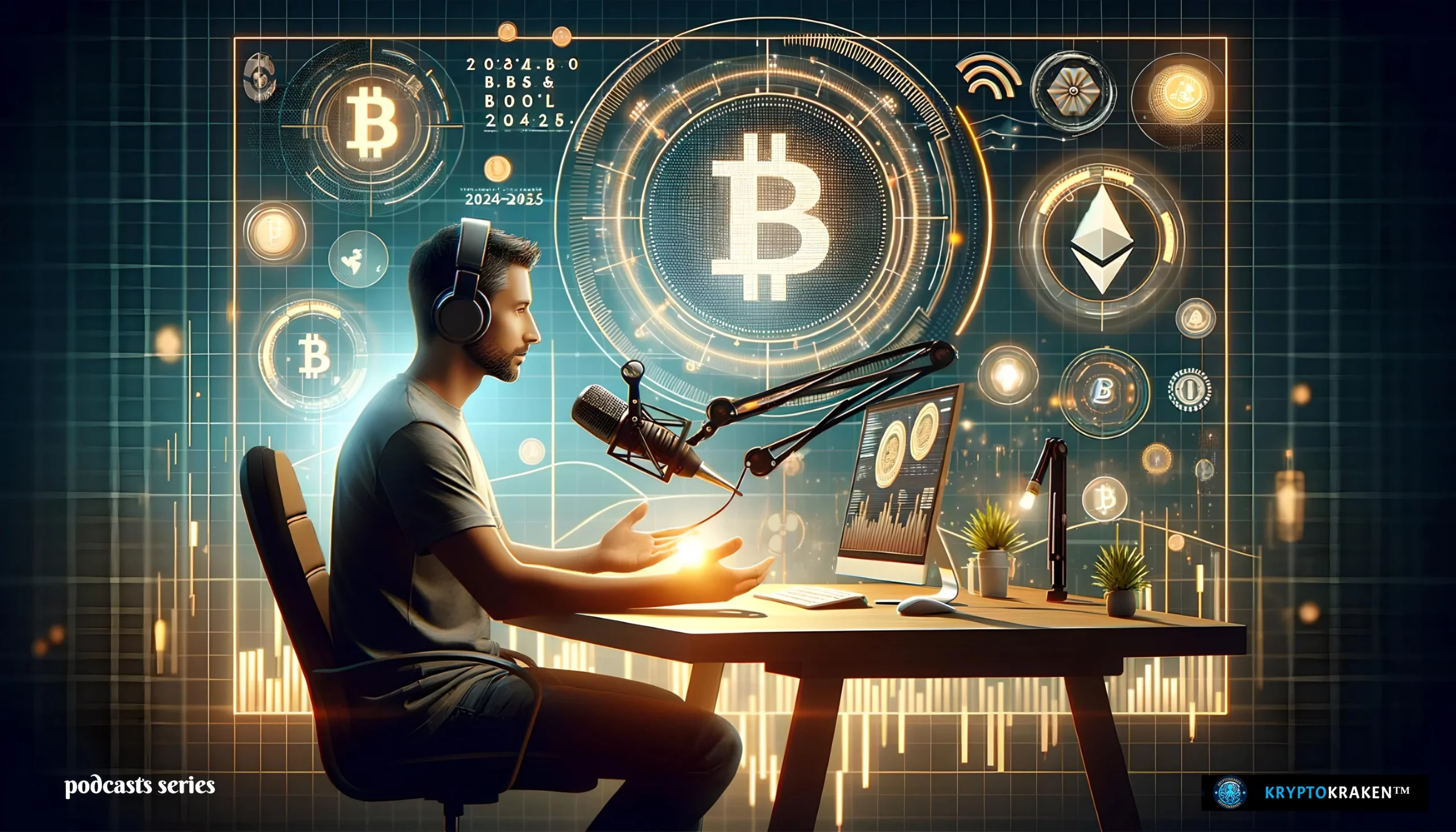 Podcaster discussing the next crypto bull run, with futuristic Bitcoin and Ethereum graphics