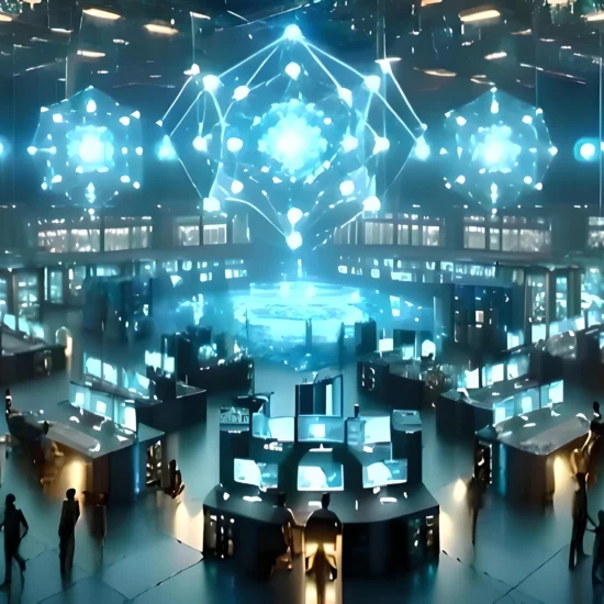 A high-tech computer room with figures working around glowing blockchain nodes displayed on screens and physical nodes, highlighting collaboration in blockchain technology development.