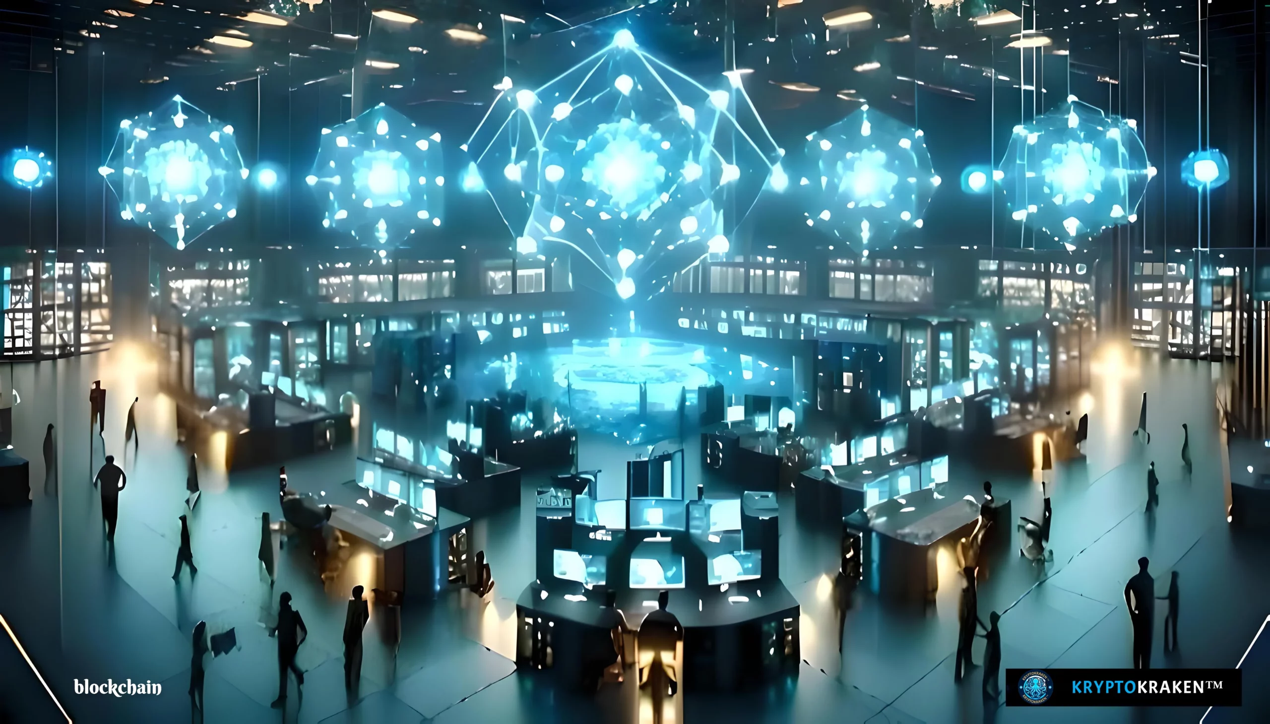 A high-tech computer room with figures working around glowing blockchain nodes displayed on screens and physical nodes, highlighting collaboration in blockchain technology development.