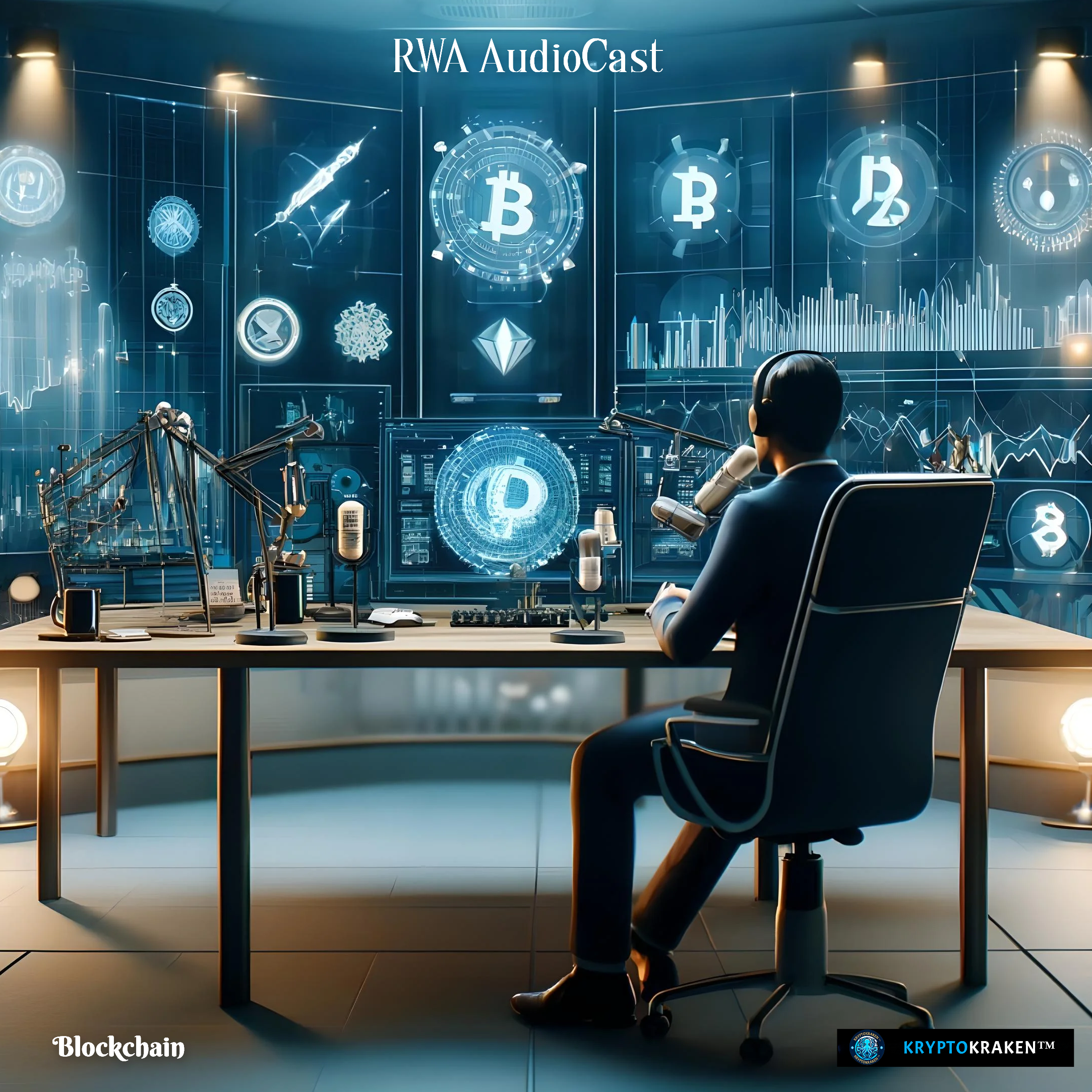 A professional podcast studio with a host at a desk, microphones in view, and digital screens displaying cryptocurrency logos and investment graphs.