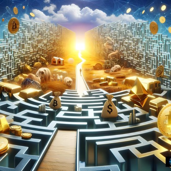 "Dynamic RWA crypto conceptual image featuring a golden Bitcoin at the center of a maze, with Ethereum and dollar symbols, digital coins, and agricultural elements under a sunny sky