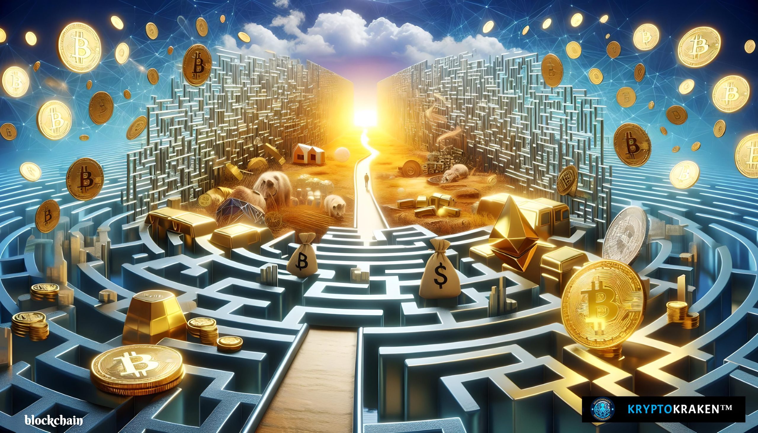 "Dynamic RWA crypto conceptual image featuring a golden Bitcoin at the center of a maze, with Ethereum and dollar symbols, digital coins, and agricultural elements under a sunny sky