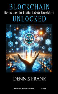 Cover of the book 'Blockchain Unlocked: Navigating the Digital Ledger Revolution' depicting an open hand surrounded by glowing blockchain icons and a vibrant cityscape backdrop.