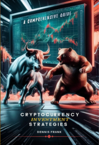 Cover of the book 'Cryptocurrency Investment Strategies' showing a digital illustration of a bull and a bear in a dynamic pose in front of a large screen displaying stock market charts.