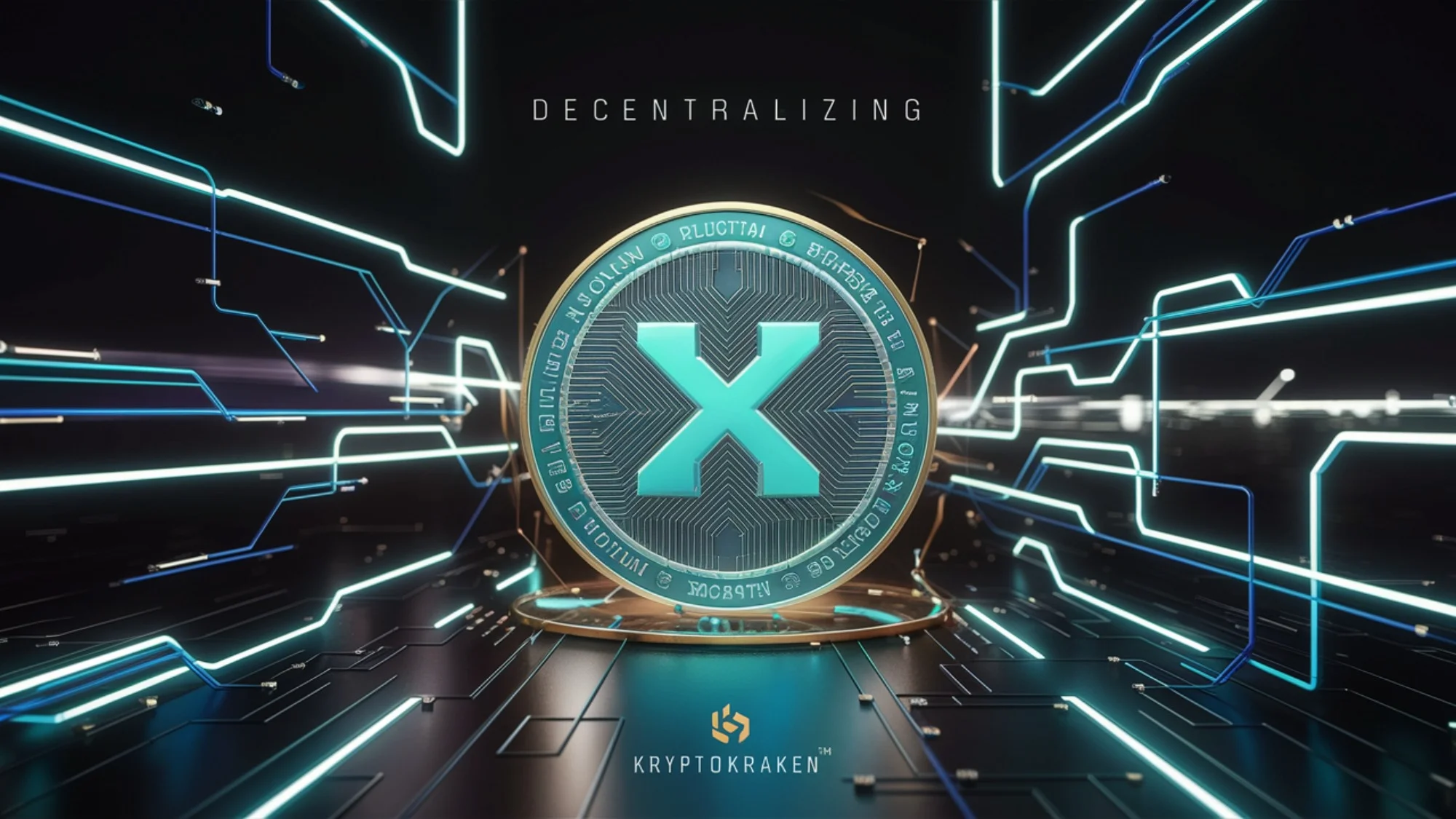 A digital representation of a token with a large "X" symbol in the center, surrounded by intricate circuitry and glowing lines, representing the tokenization of XRP by KryptoKraken.