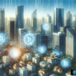 Digital representation of real estate tokenization with Bitcoin symbols over a modern cityscape.