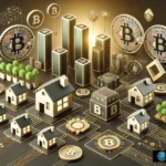 Illustration of real estate tokenization featuring buildings, blockchain icons, and greenery.