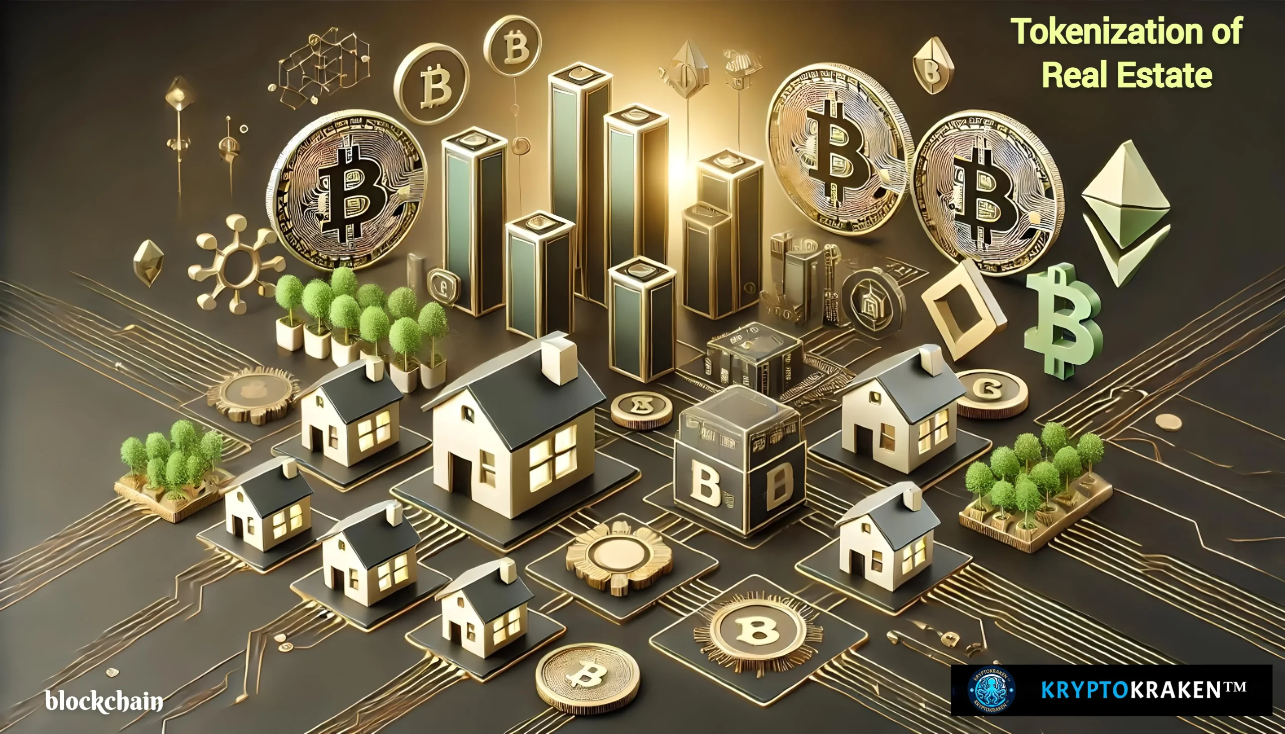 Illustration of real estate tokenization featuring buildings, blockchain icons, and greenery.