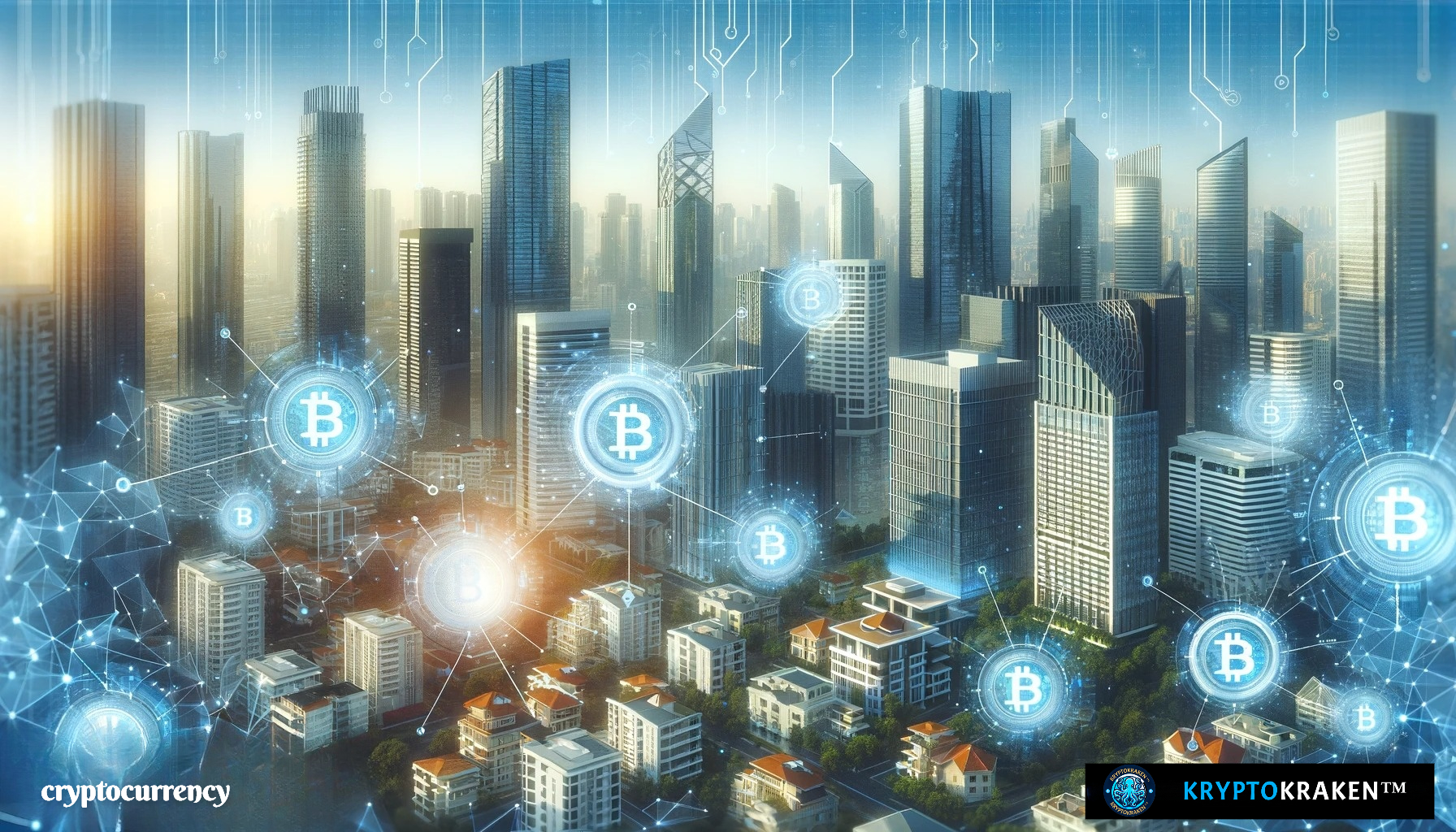 Digital representation of real estate tokenization with Bitcoin symbols over a modern cityscape.