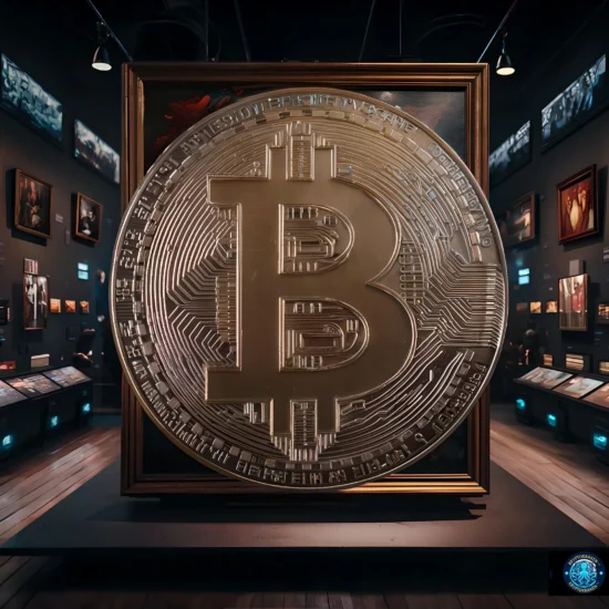 A large Bitcoin symbol displayed prominently in a museum gallery filled with framed art pieces and digital exhibits, representing the concept of tokenizing art and collectibles.