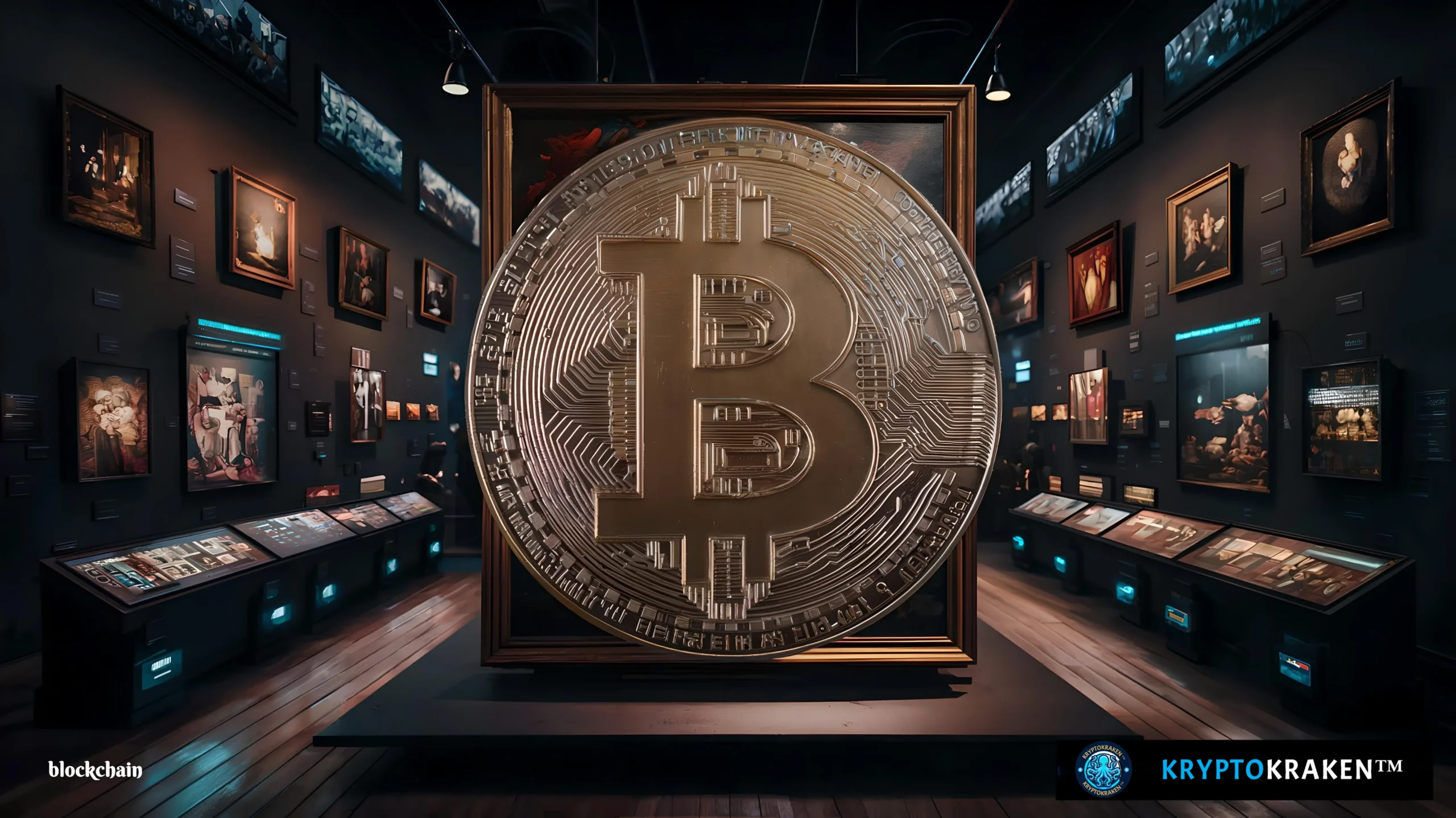 A large Bitcoin symbol displayed prominently in a museum gallery filled with framed art pieces and digital exhibits, representing the concept of tokenizing art and collectibles.