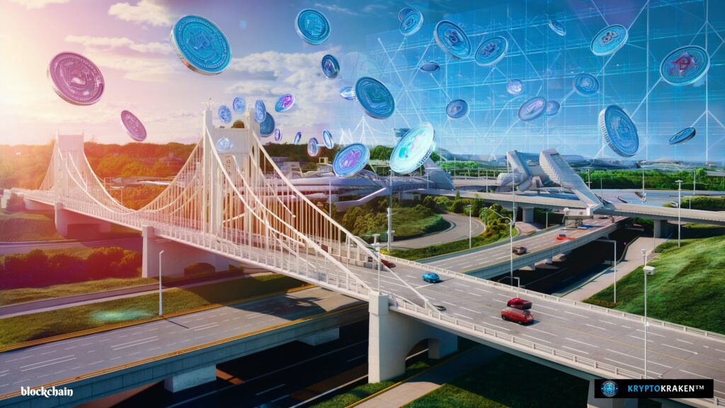 A digital representation of tokenized industrial assets displayed as coins above a futuristic bridge and road infrastructure.