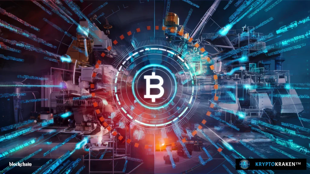 A high-tech digital representation of tokenized industrial assets with a central Bitcoin symbol surrounded by advanced industrial machinery and data streams.